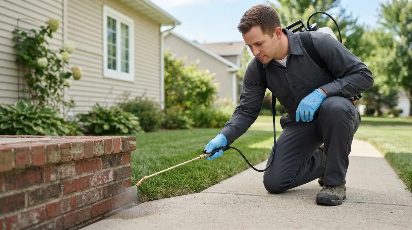 Pest control technician treating a home near Goldsmith, TX